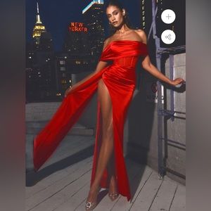 Miss Circle Norma Red Off Shoulder Crystallized Corset Satin Gown Prom Wedding